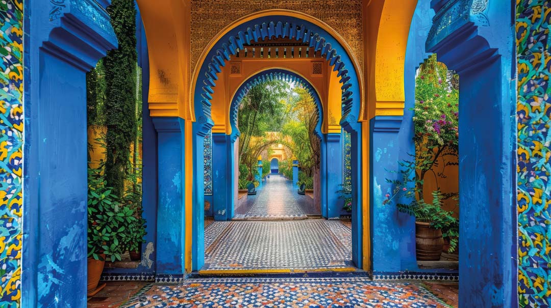 ornate archway in majorelle house marrakesh morocco vibrant blue