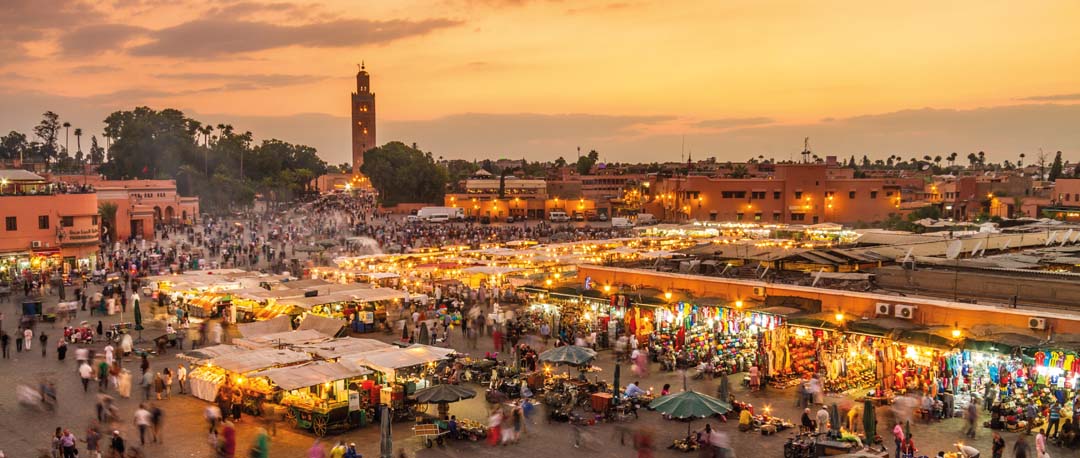 Jamaa el Fna market square in sunset, Marrakesh, Morocco, north Africa.